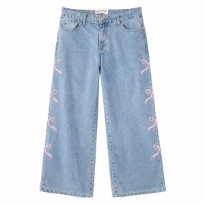 Sale!Y2K Wide Leg Ribbon Bow Embroidered Jeans GOGO Denim Size 7/28 Pink